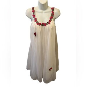 VTG 60’s Beau Monde Chiffon Babydoll Short Gown Rose Appliqué White Sz S Sexy